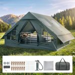 VEVOR Opblaasbare Campingtent Familietent Luchttent 5 8 Personen Groen, voor Buitenactiviteiten Waterafstotend 420D Oxford stof met Dakraam, Kachelpijpopening Gaasraam & Draagtas