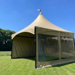Pagodetent Zandkleur 5 x 5 meter, voor party, verhuur en catering Verbakel Party & More