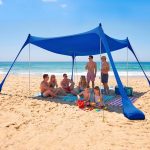 COMMOUDS Strandtent, zonwering, UPF50+ luifel, 3 m x 3 m, draagbare parasol met 4 aluminium stangen, eenvoudig op te zetten familieonderdak voor kamperen, vissen, tuin, buitenshuis : Amazon.nl: Sport & outdoor