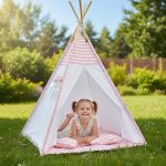 Sajan Speeltent Tipi Tent Met Grondkleed & Kussens Speelhuisje Tent voor kinderen Roze Wit