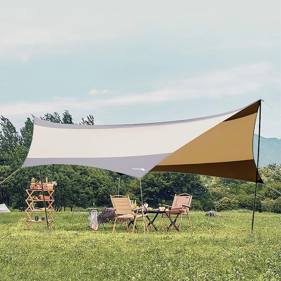 tentzeil-524qzw-1.jpg Tentzeil, 5,6 x 5,6 m, uv bestendig zeil met stangen, waterdicht, ultralicht, geschikt voor camping en picknicks : Amazon.nl: Sport & outdoor - Afbeelding 1